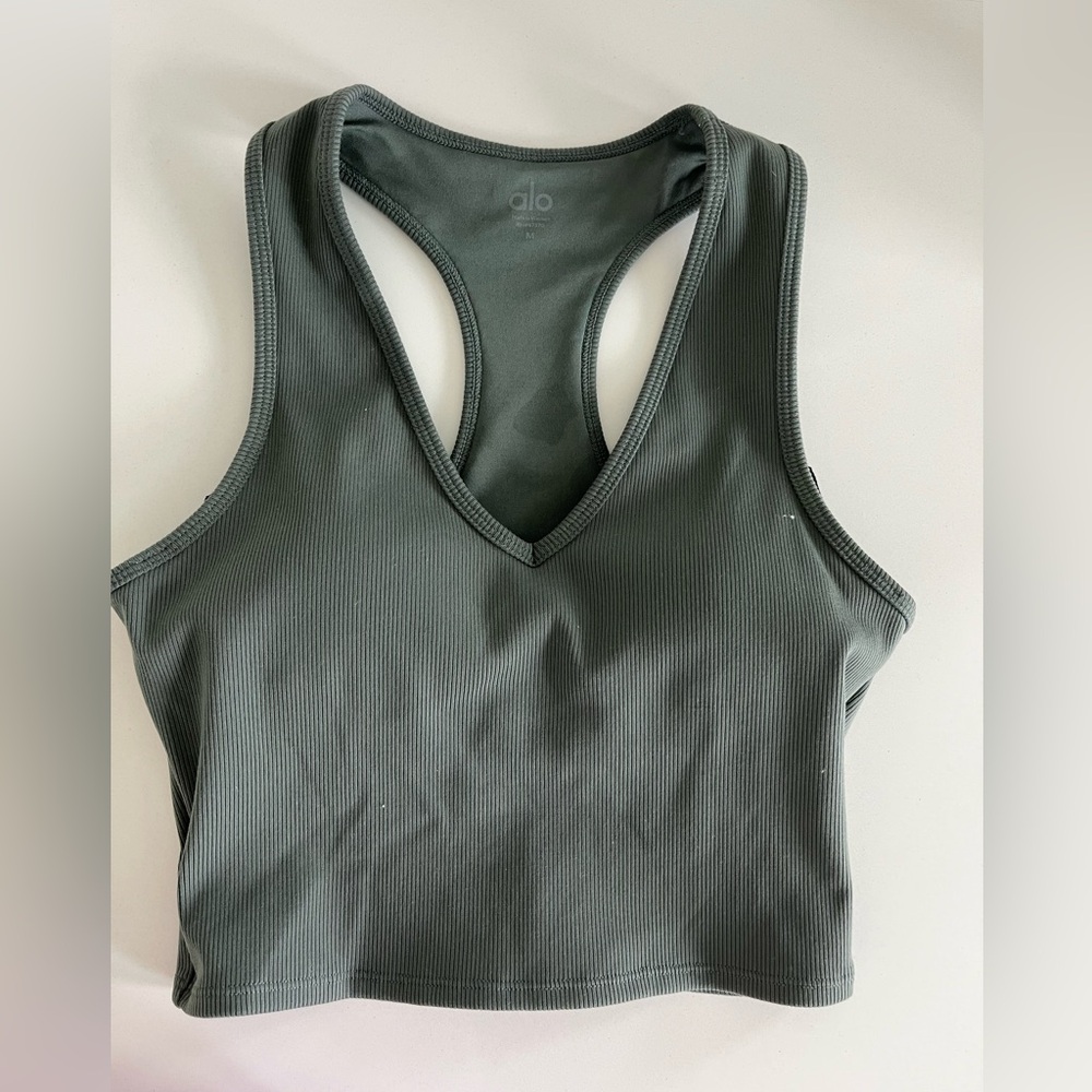 ALO Goddess Ribbed Cropped Racerback Tank - Size M - Dark Gray